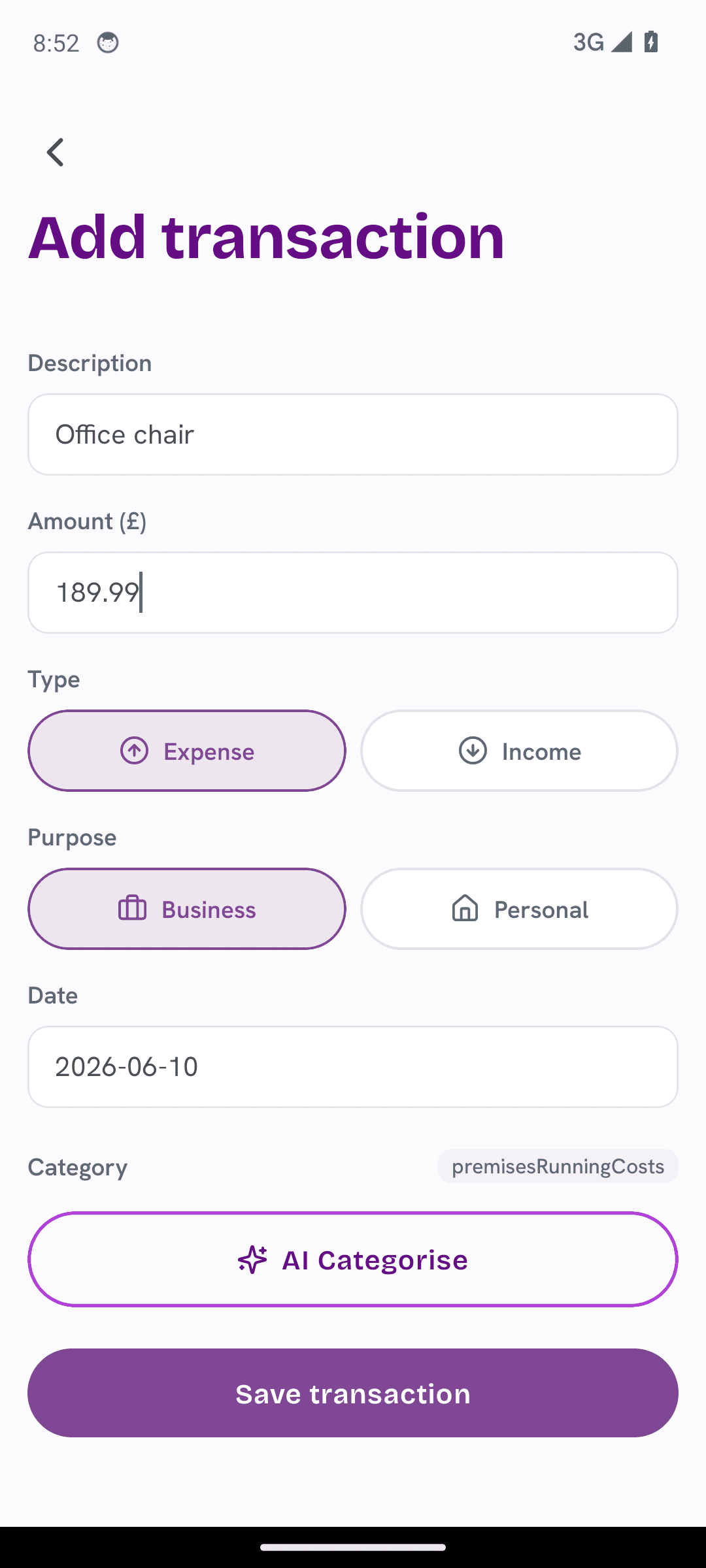 The TapTax AI categorisation screen suggesting tax categories for imported bank transactions