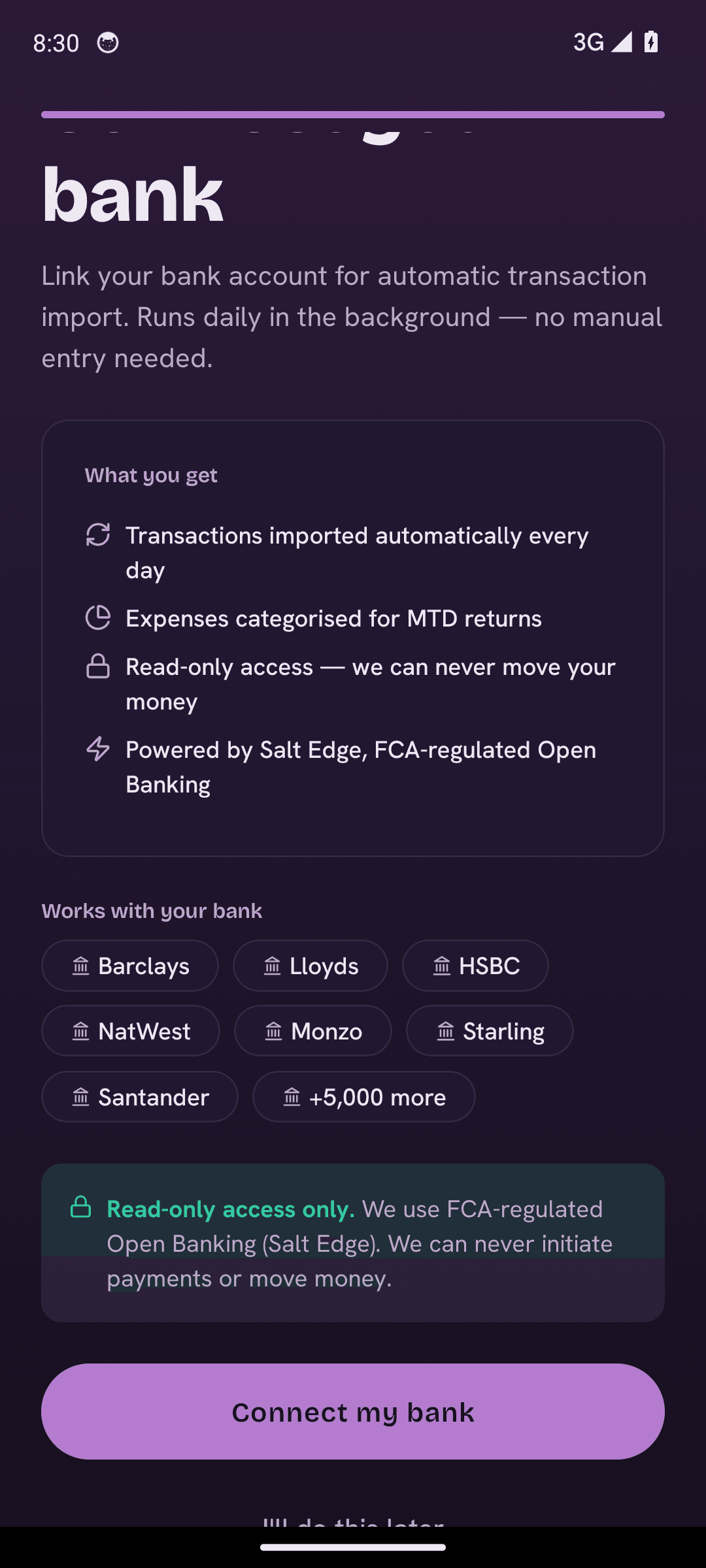 The TapTax app connect-bank screen listing supported UK banks and read-only Open Banking access