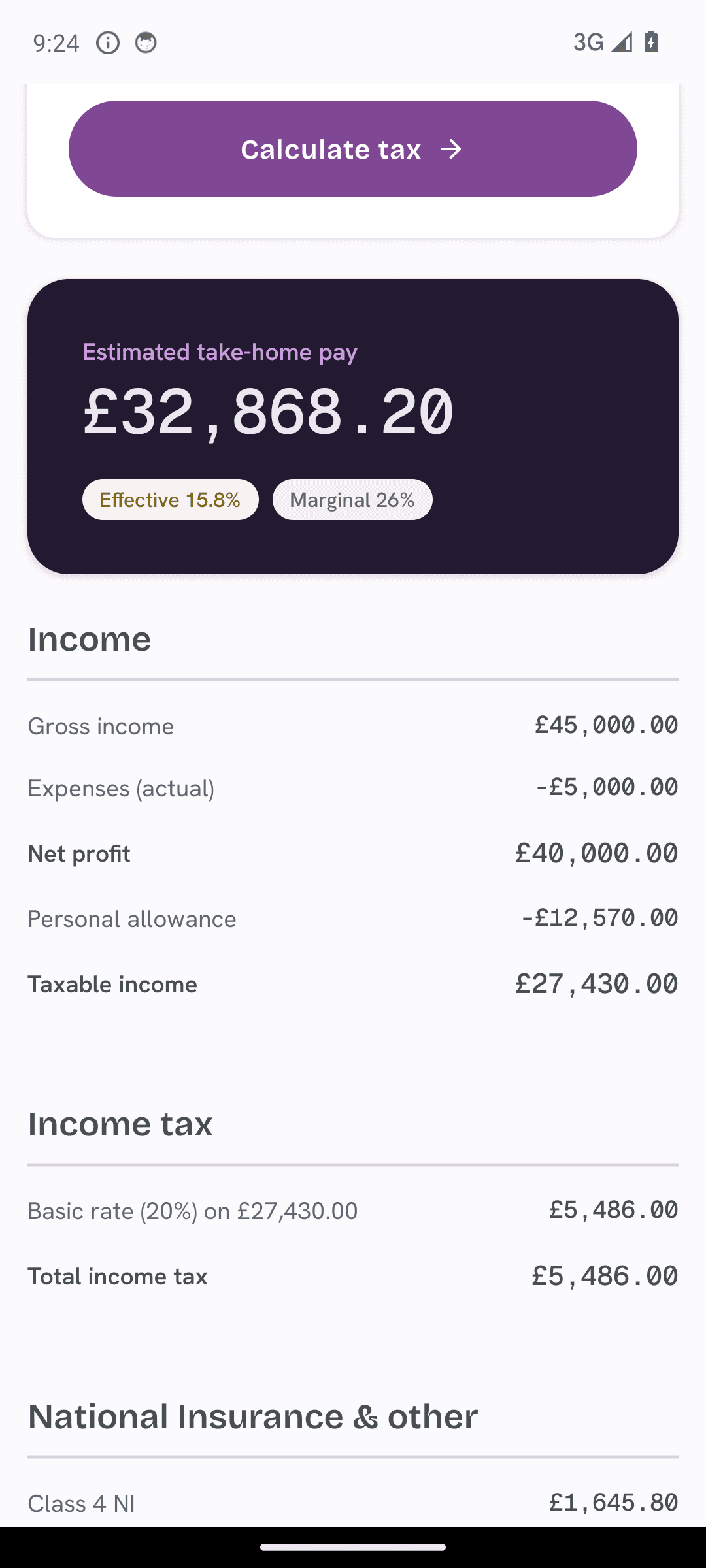 The TapTax tax calculator showing a worked-out estimate of the tax owed for the year