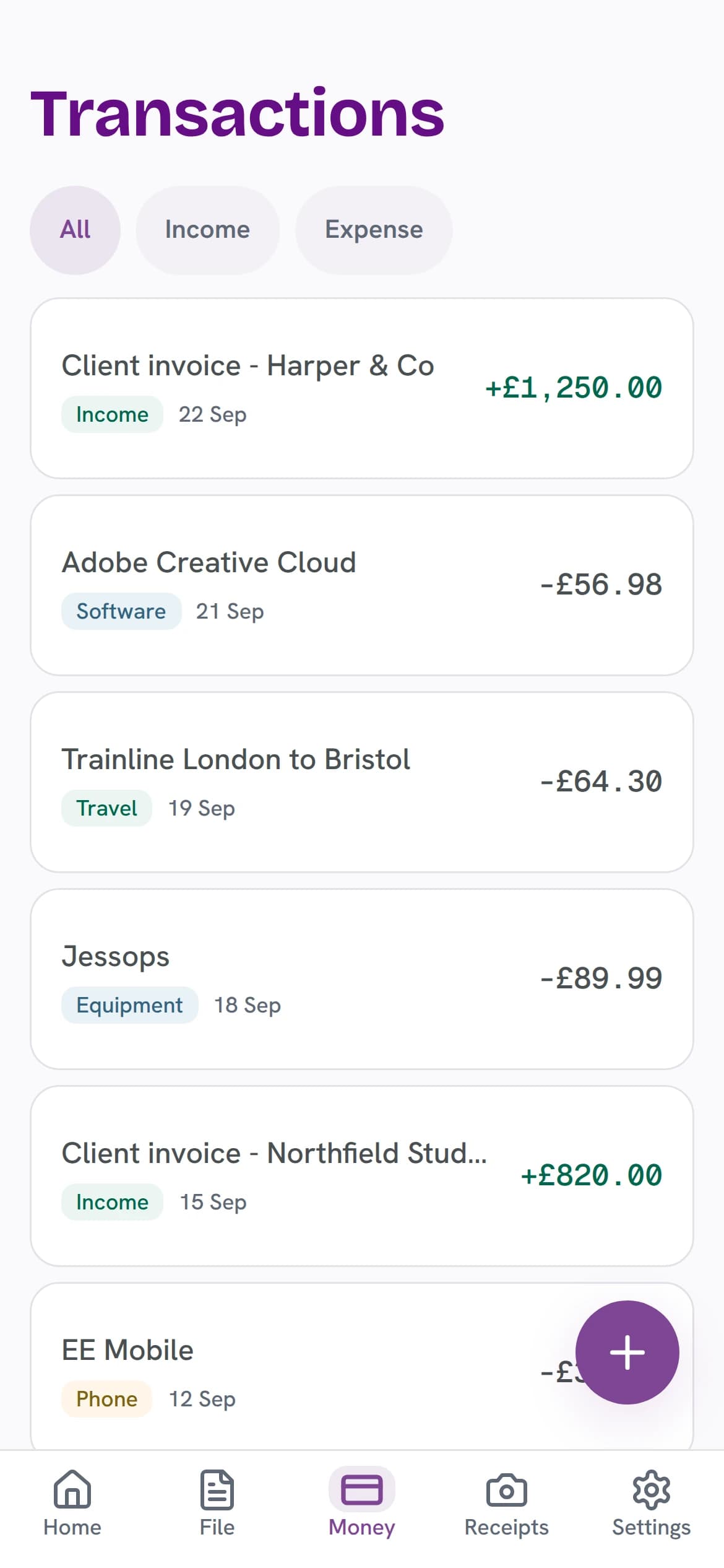 TapTax transactions: client invoice from Harper & Co +£1,250.00, Adobe Creative Cloud -£56.98, Trainline London to Bristol -£64.30