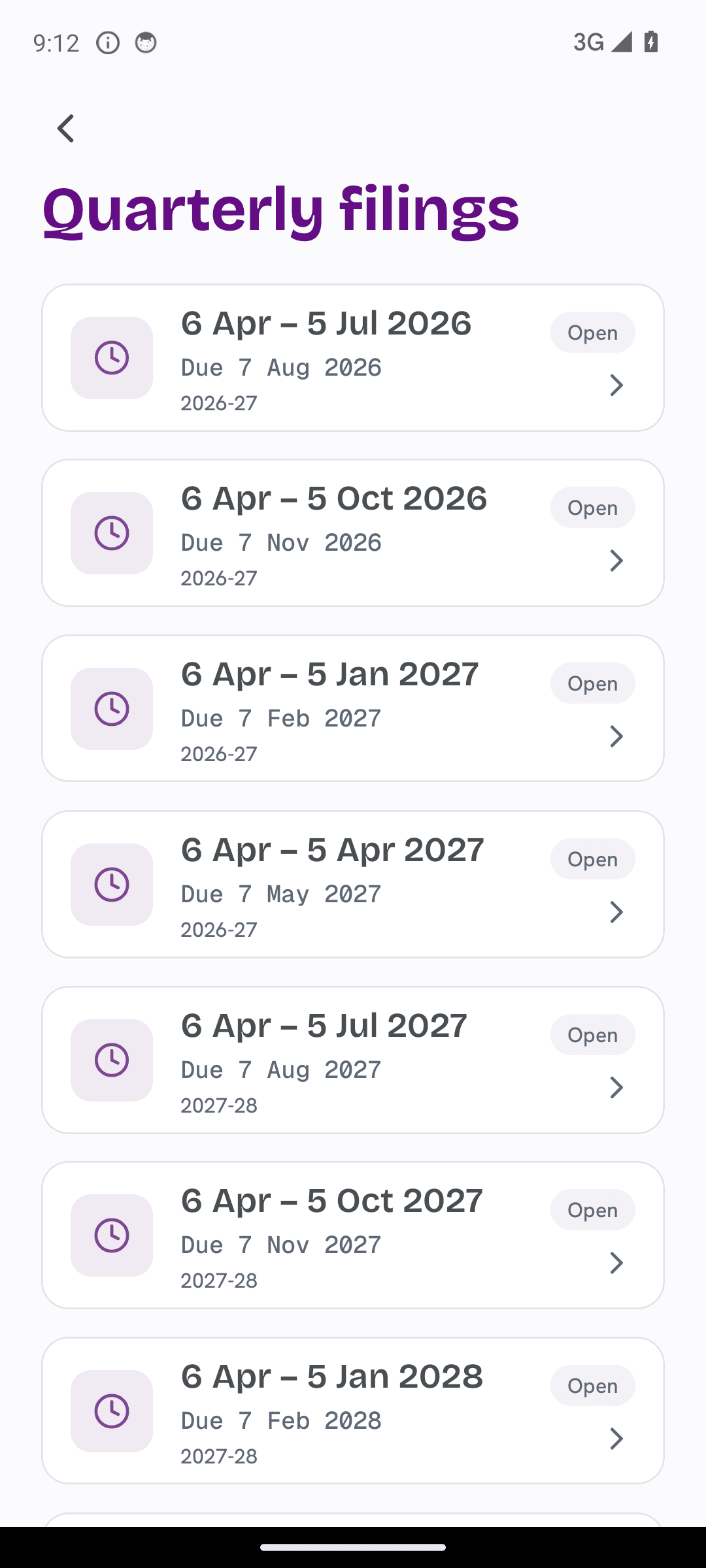 TapTax showing the four quarterly Making Tax Digital obligations and their HMRC deadlines