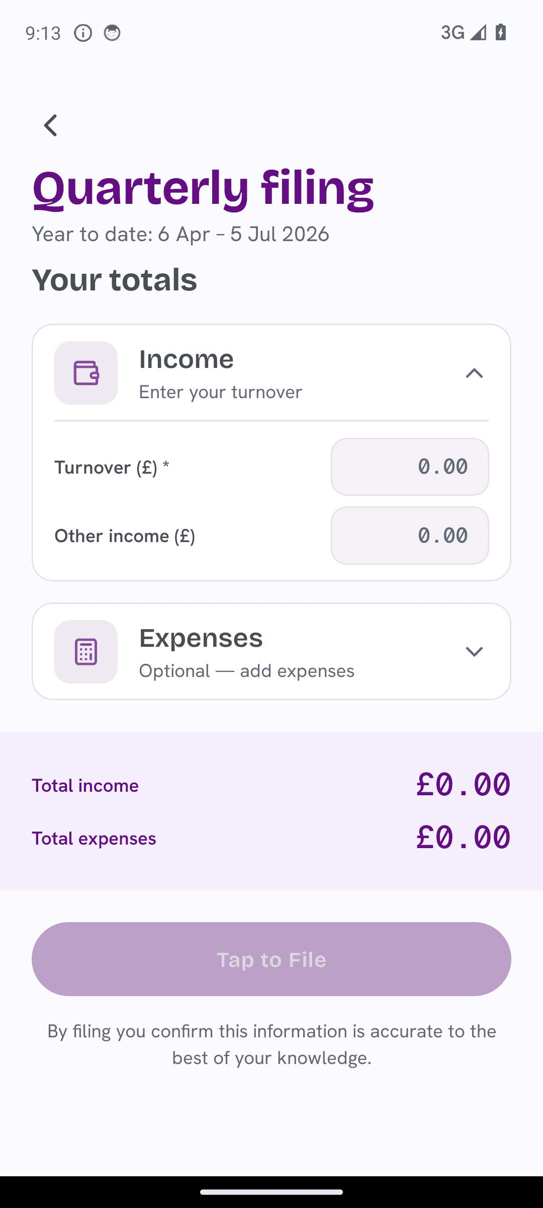 The TapTax submission screen ready to send a quarterly Making Tax Digital update to HMRC
