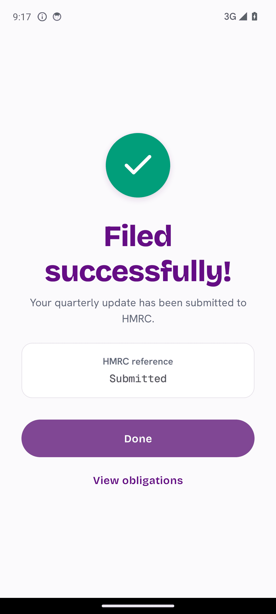 TapTax screen confirming a successful submission to HMRC.