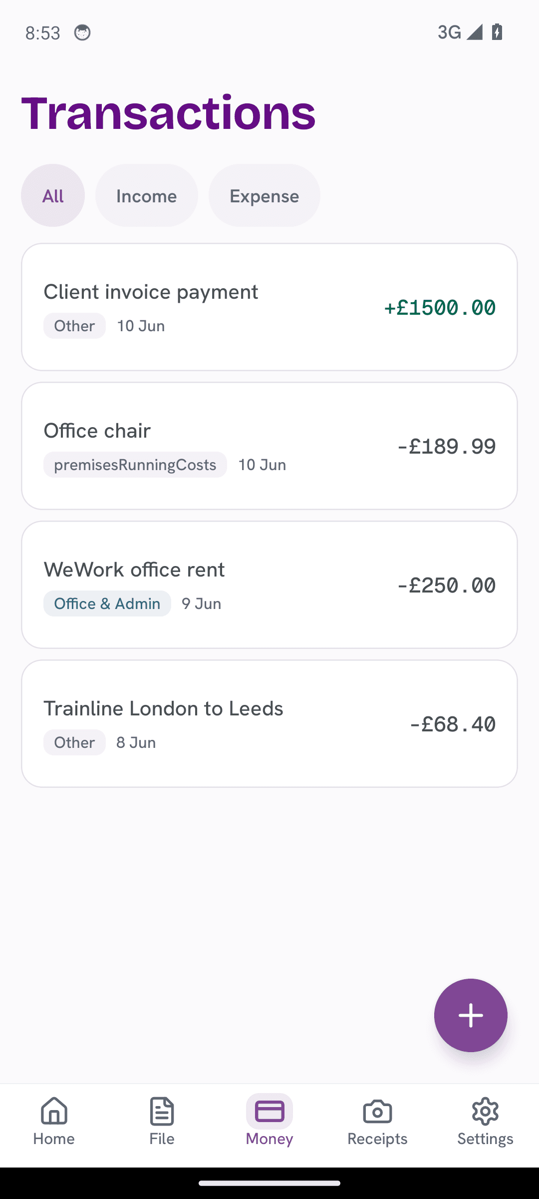 The TapTax app showing imported bank transactions automatically sorted into income and AI-categorised expenses