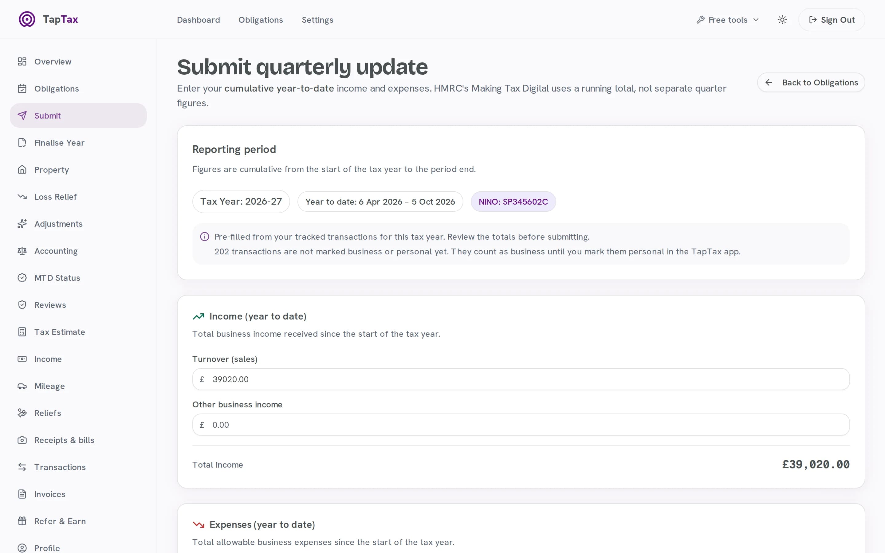 The quarterly update pre-filled from tracked income and expenses