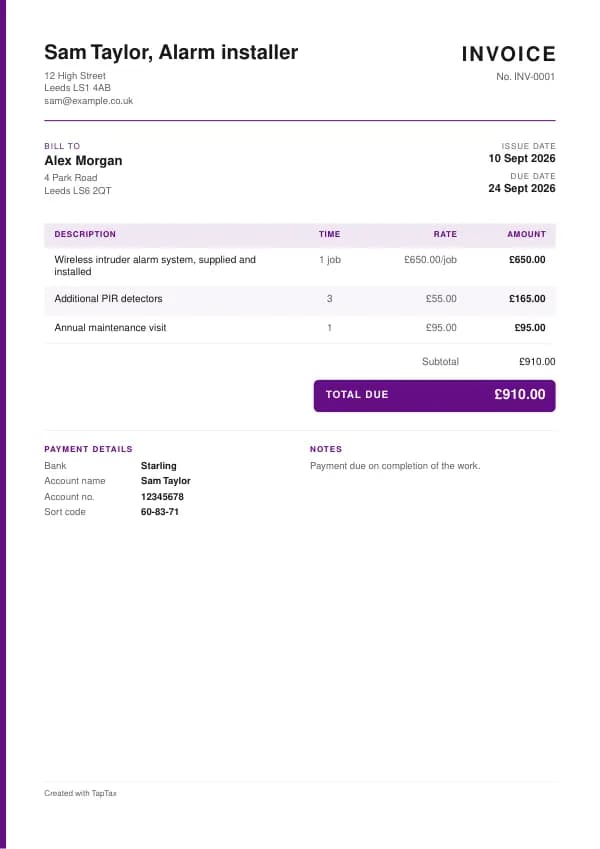 A filled-in example of the alarm installer invoice template