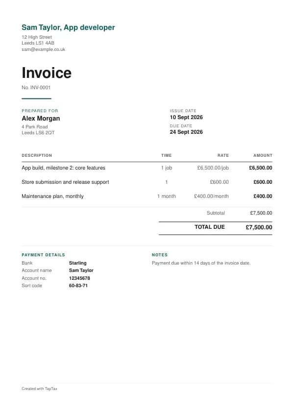 A filled-in example of the app developer invoice template