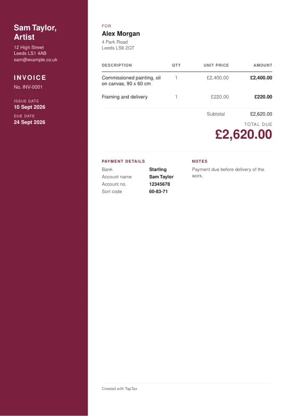 A filled-in example of the artist invoice template