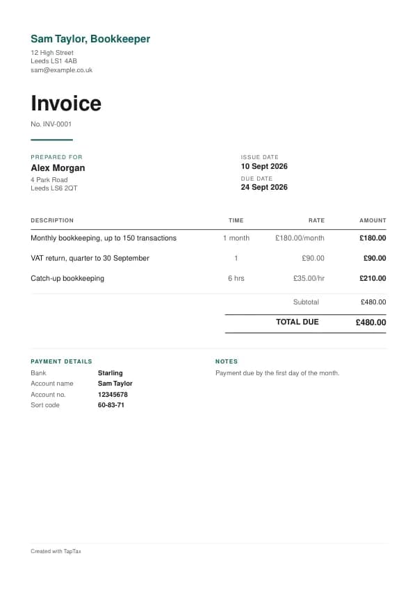 A filled-in example of the bookkeeper invoice template