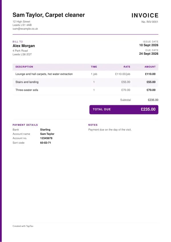 A filled-in example of the carpet cleaner invoice template