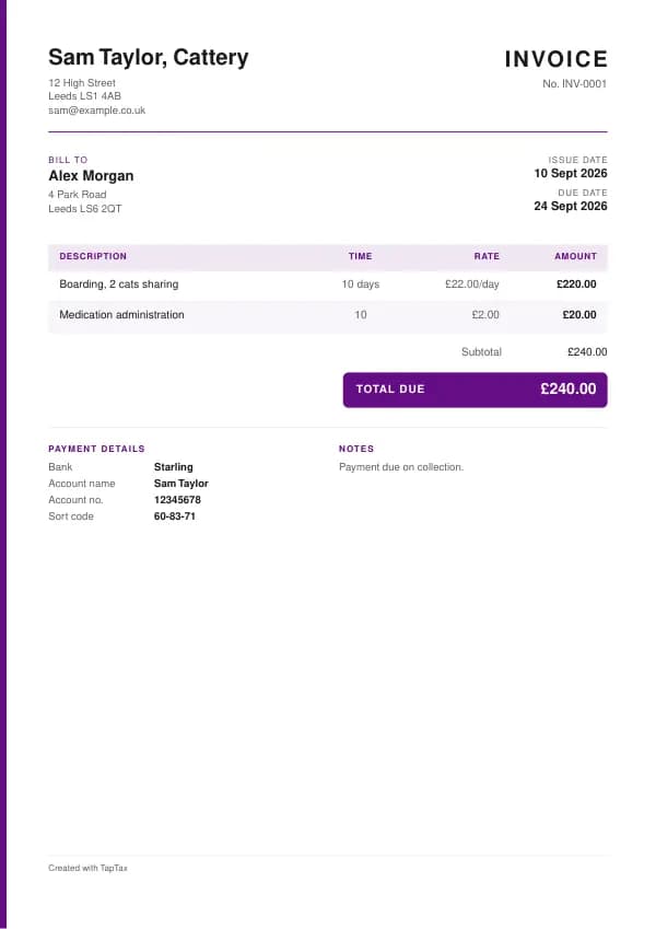 A filled-in example of the cattery invoice template