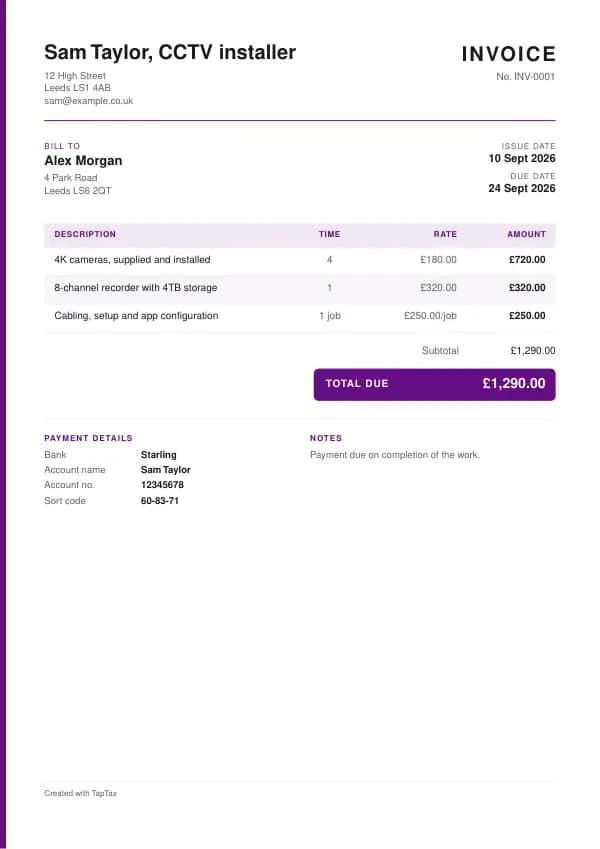 A filled-in example of the CCTV installer invoice template