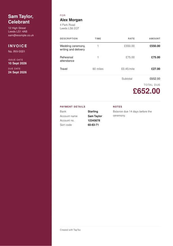 A filled-in example of the celebrant invoice template