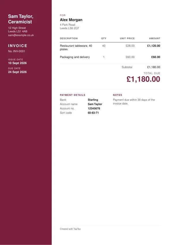 A filled-in example of the ceramicist invoice template