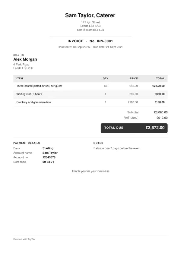 A filled-in example of the caterer invoice template
