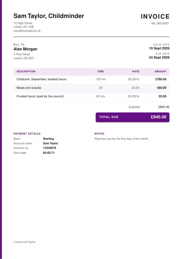 A filled-in example of the childminder invoice template