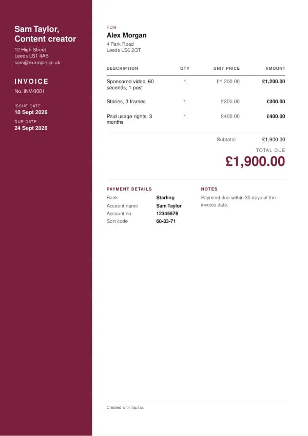 A filled-in example of the content creator invoice template