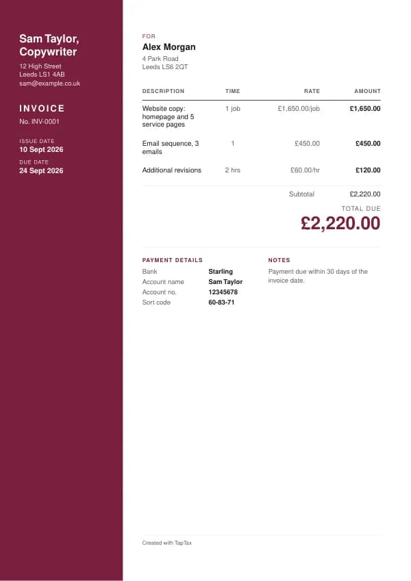 A filled-in example of the copywriter invoice template