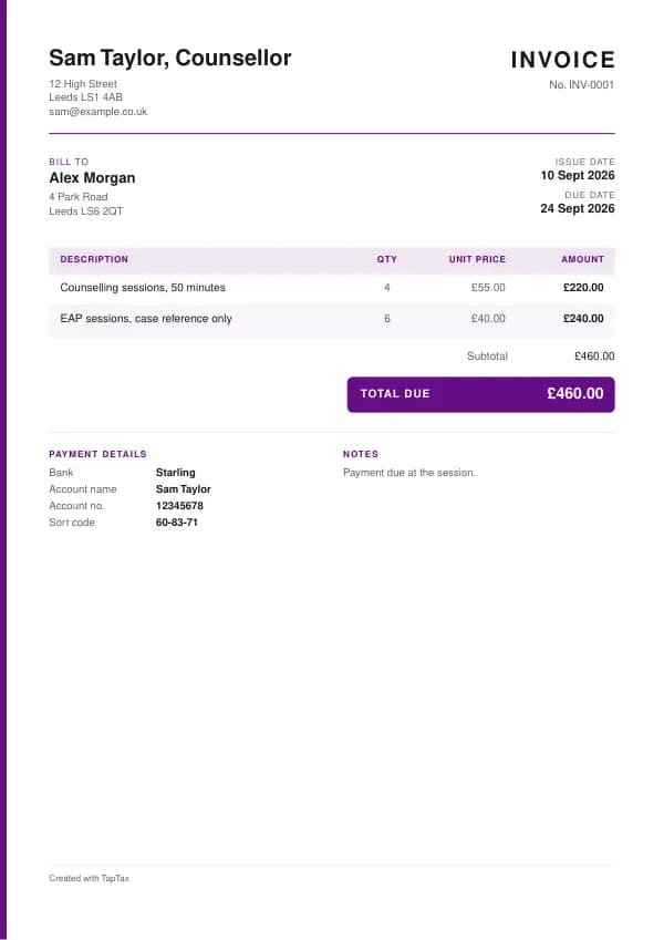 A filled-in example of the counsellor invoice template