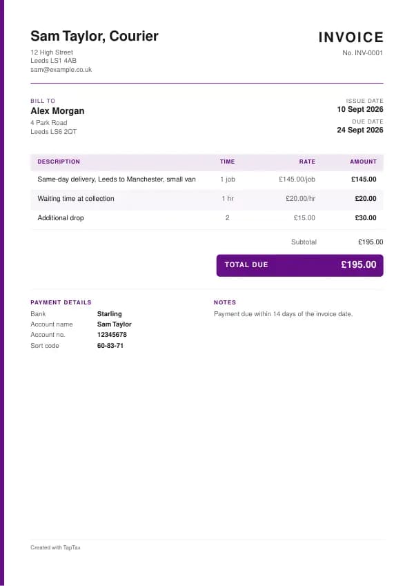 A filled-in example of the courier invoice template