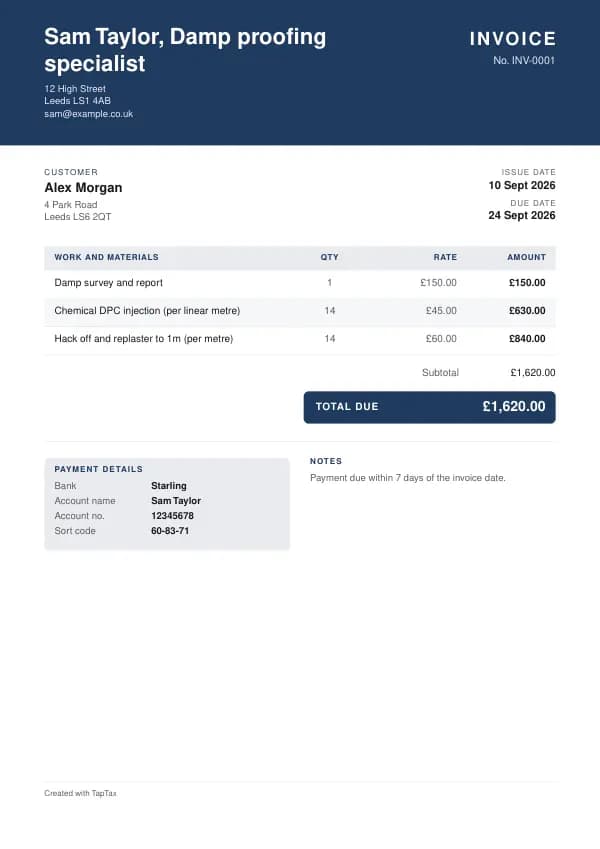 A filled-in example of the damp proofing specialist invoice template