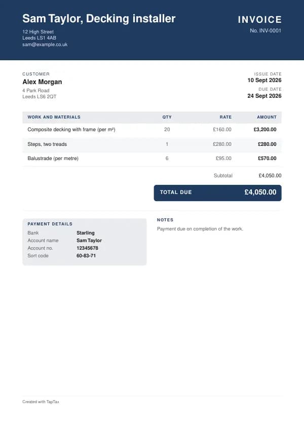 A filled-in example of the decking installer invoice template