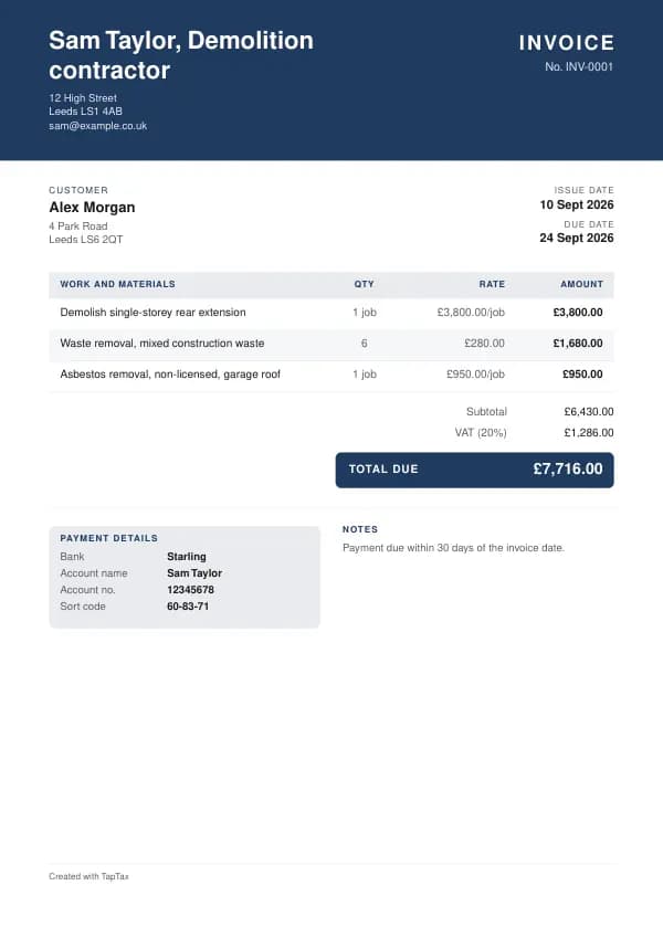 A filled-in example of the demolition contractor invoice template