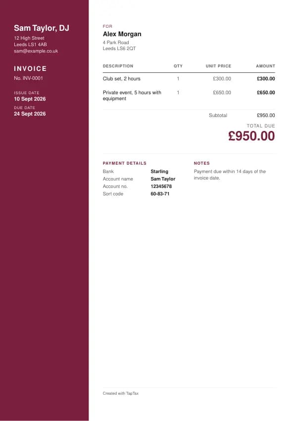 A filled-in example of the DJ invoice template