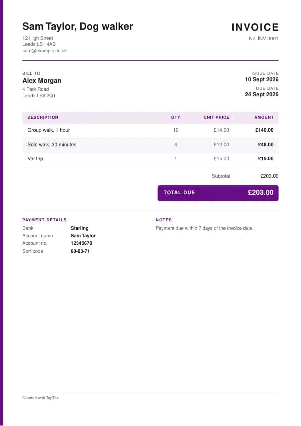 A filled-in example of the dog walker invoice template