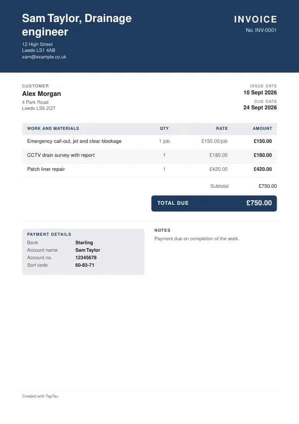 A filled-in example of the drainage engineer invoice template