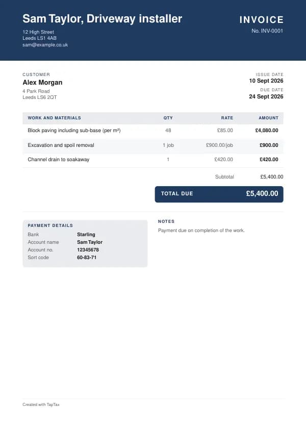 A filled-in example of the driveway installer invoice template