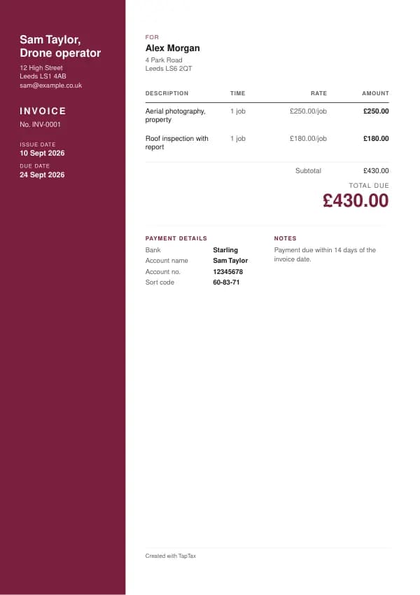 A filled-in example of the drone operator invoice template