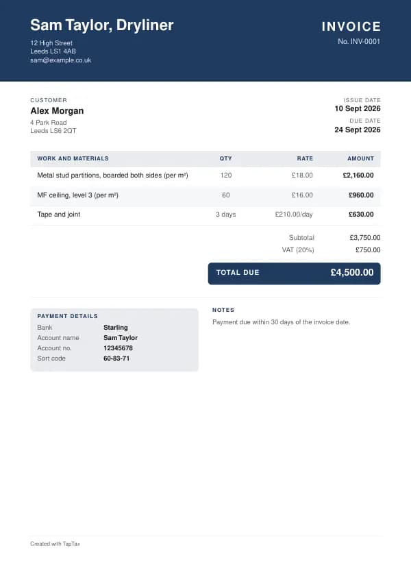 A filled-in example of the dryliner invoice template