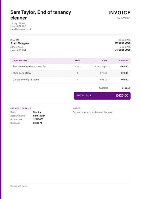 A filled-in example of the end of tenancy cleaner invoice template