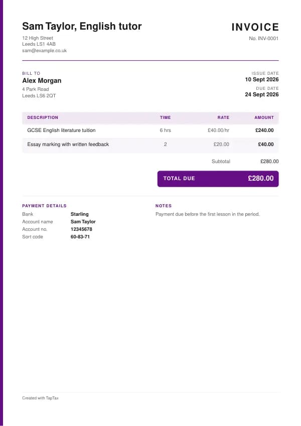 A filled-in example of the english tutor invoice template