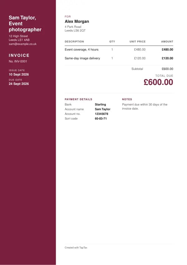 A filled-in example of the event photographer invoice template
