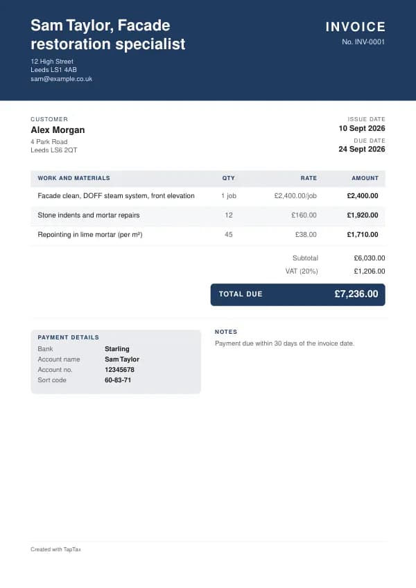 A filled-in example of the facade restoration specialist invoice template