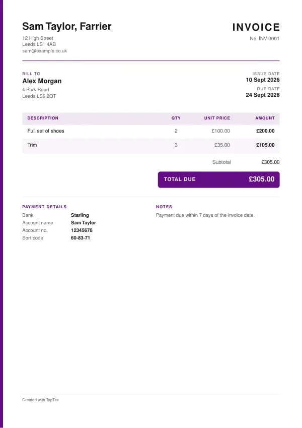 A filled-in example of the farrier invoice template