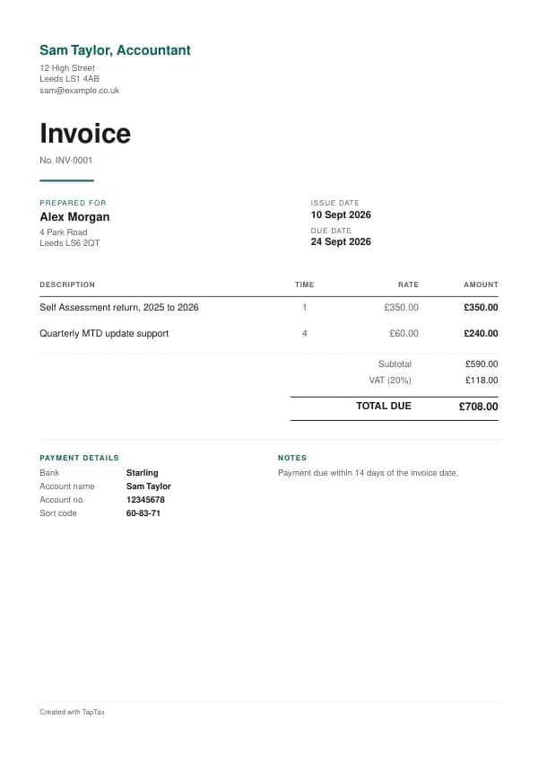 A filled-in example of the accountant invoice template