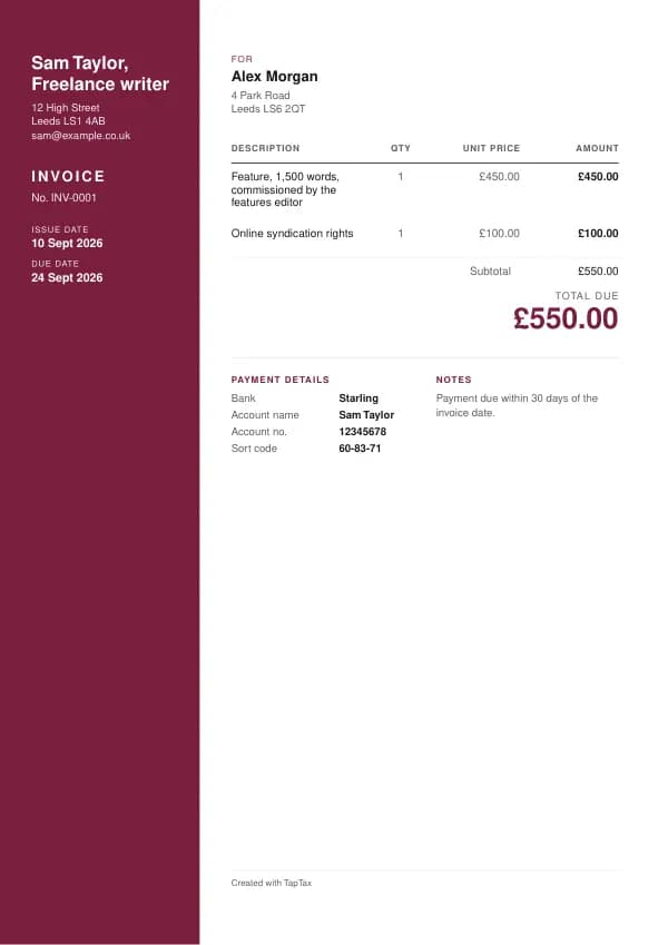 A filled-in example of the freelance writer invoice template