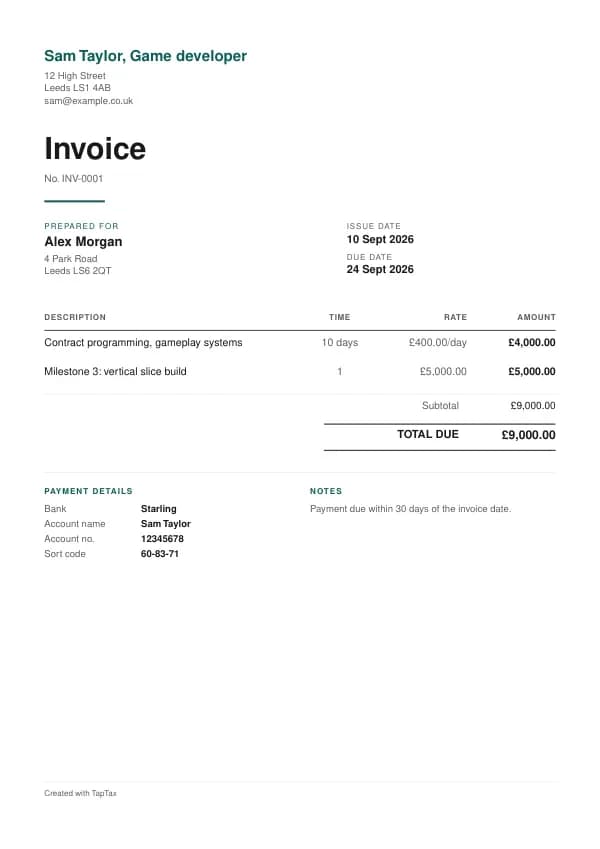 A filled-in example of the game developer invoice template