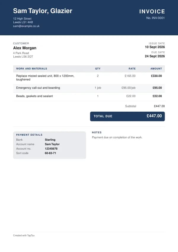 A filled-in example of the glazier invoice template