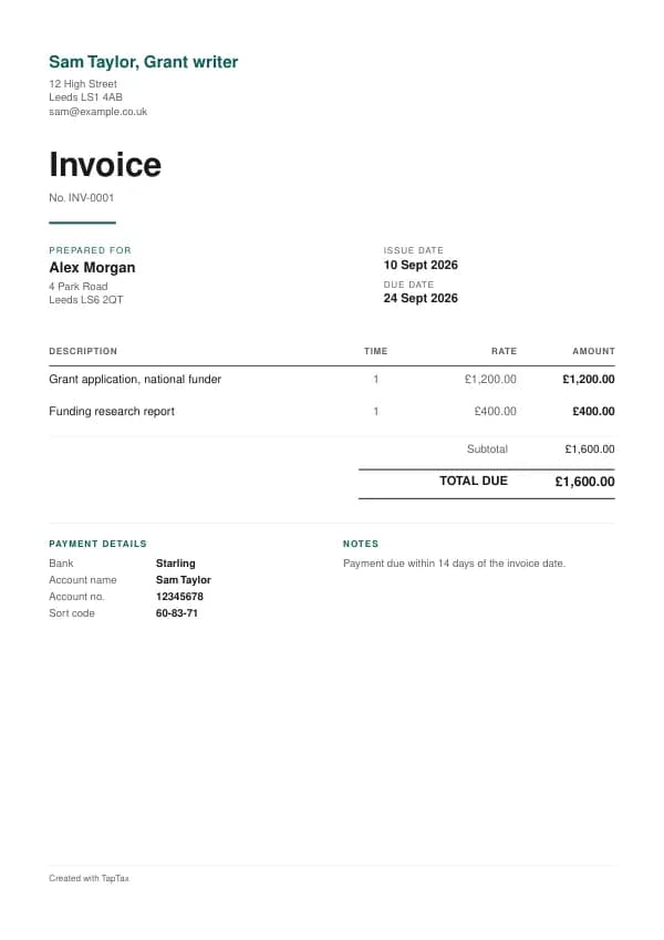 A filled-in example of the grant writer invoice template