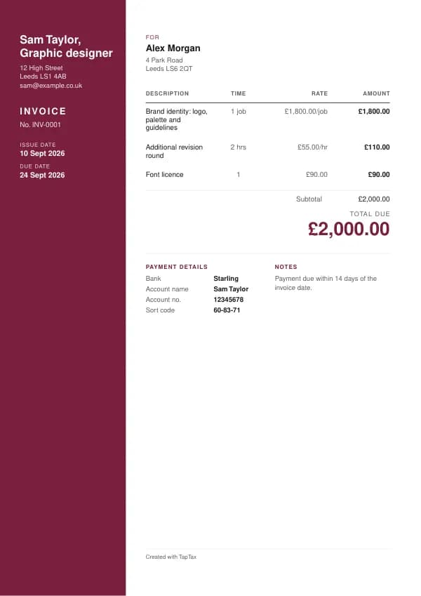 A filled-in example of the graphic designer invoice template