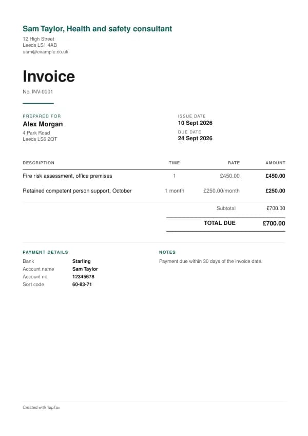 A filled-in example of the health and safety consultant invoice template