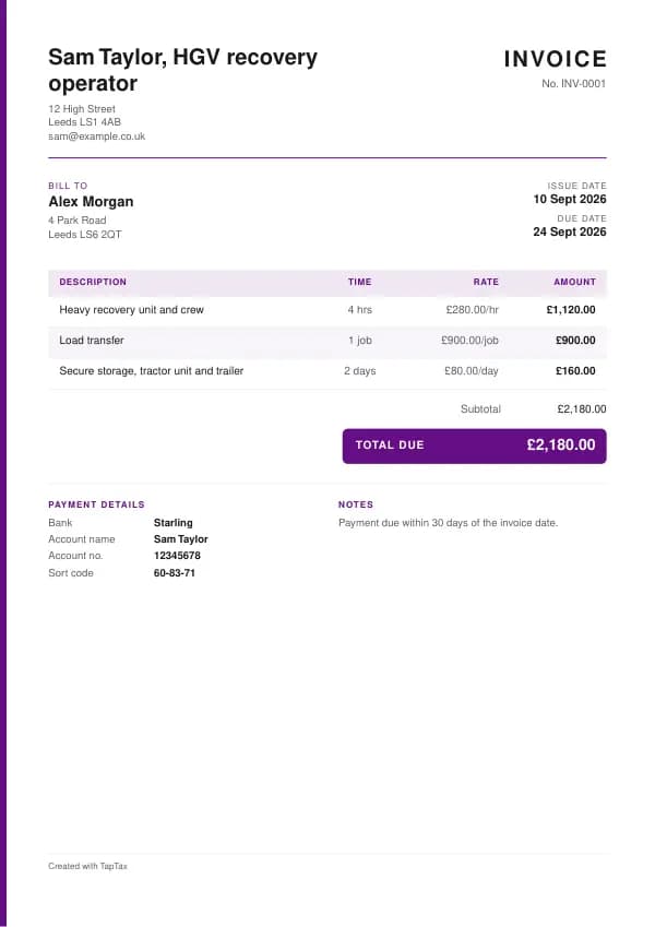A filled-in example of the HGV recovery operator invoice template