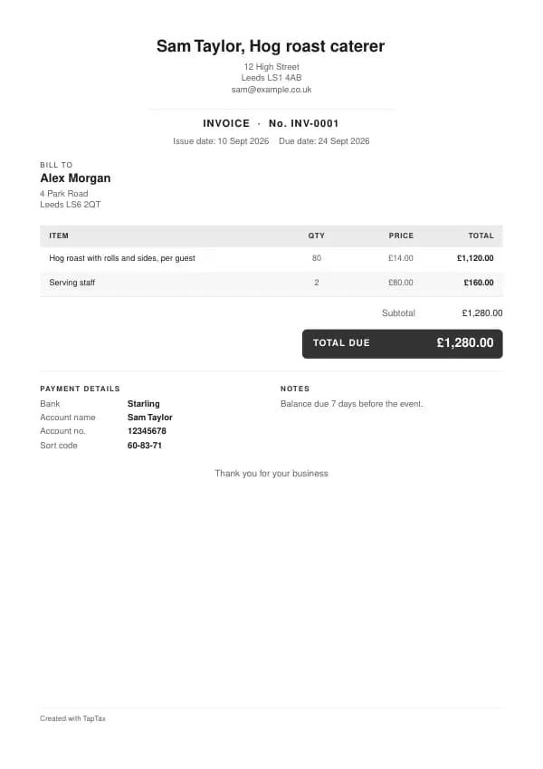 A filled-in example of the hog roast caterer invoice template