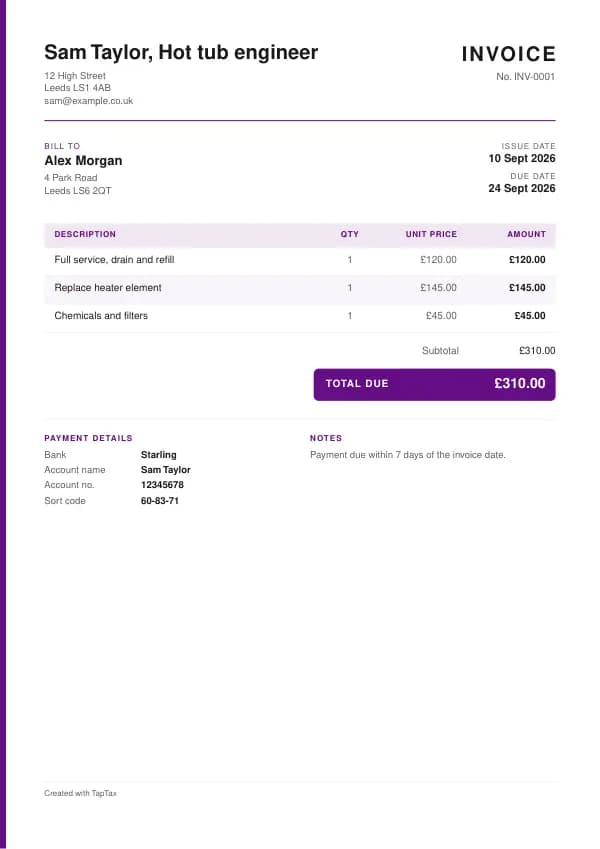 A filled-in example of the hot tub engineer invoice template