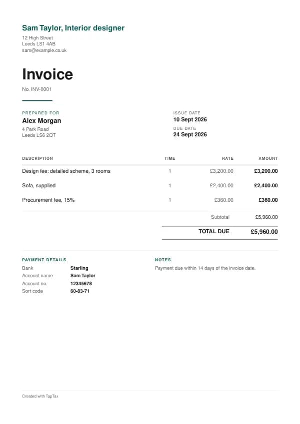A filled-in example of the interior designer invoice template
