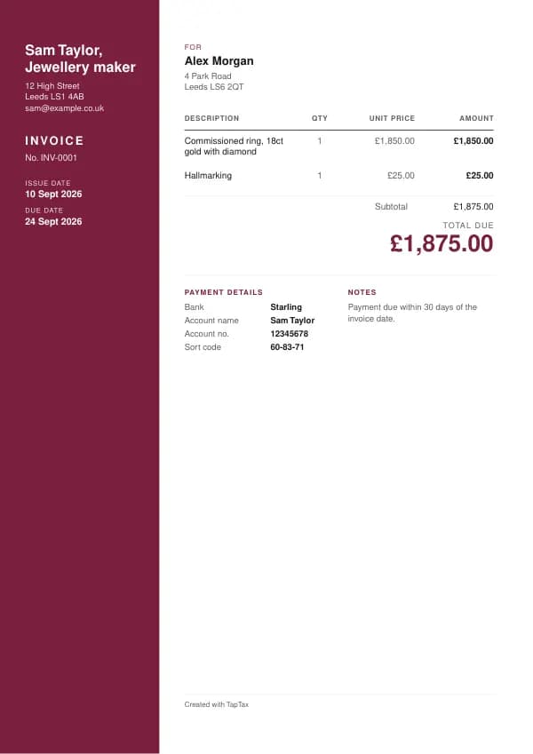A filled-in example of the jewellery maker invoice template